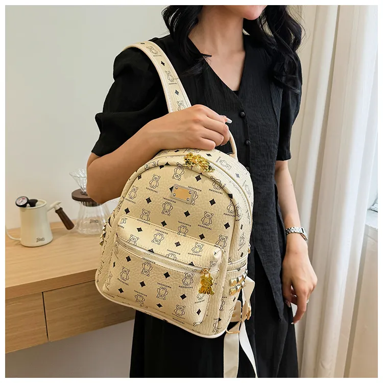 Yalu PU Backpack For High School And University Students Regular Women's Ecru/Pink/Black/Ginger Yellow-4