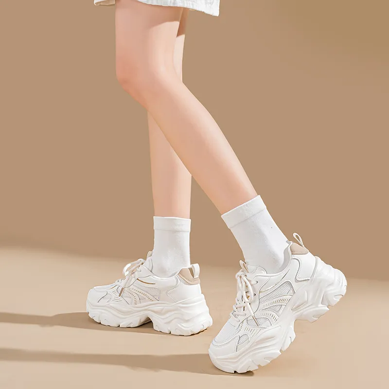 EXULL Q Height Increasing, Lightweight, Breathable, Slip Resistant Low Top Chunky Sneakers Women's Beige Gold-7