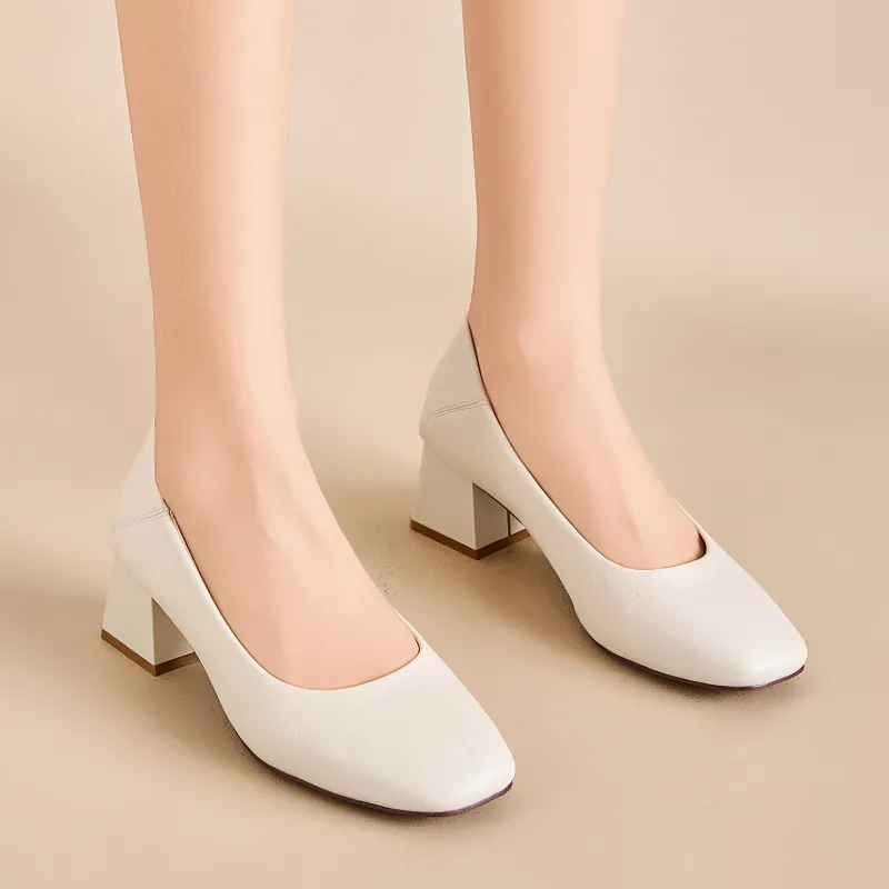 EXULL Q Chunky Heel High Heels 5CM Women's Beige-5