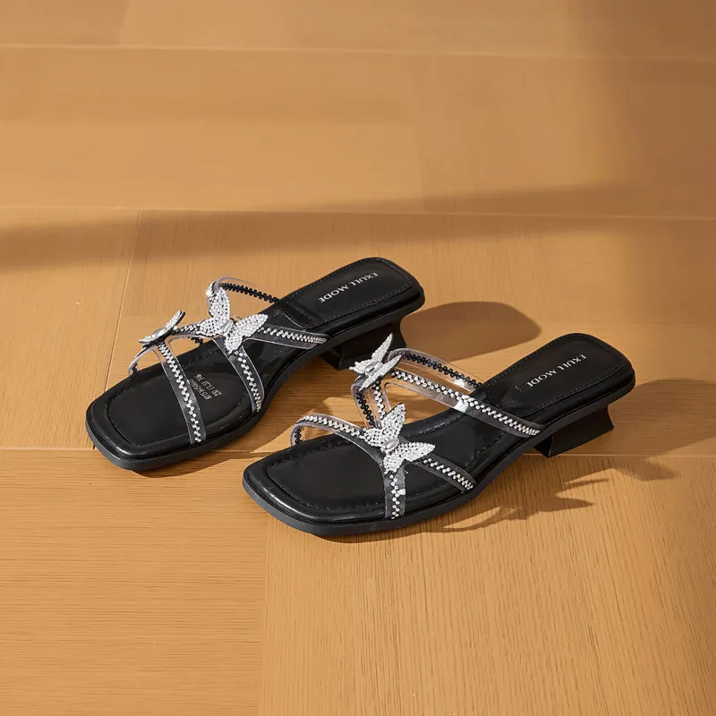 EXULL Q Rhinestone Slip Resistant Slide Slippers Women's Black-2