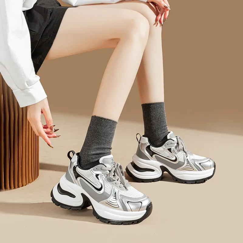 EXULL Q Height Increasing Abrasion Resistant Lightweight Slip Resistant Low Top Chunky Sneakers Women's Silver-5
