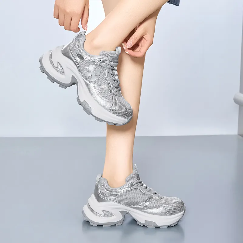 EXULL Q Slip Resistant, Breathable, Lightweight, Height Increasing Low Top Chunky Sneakers Women's Silver-6
