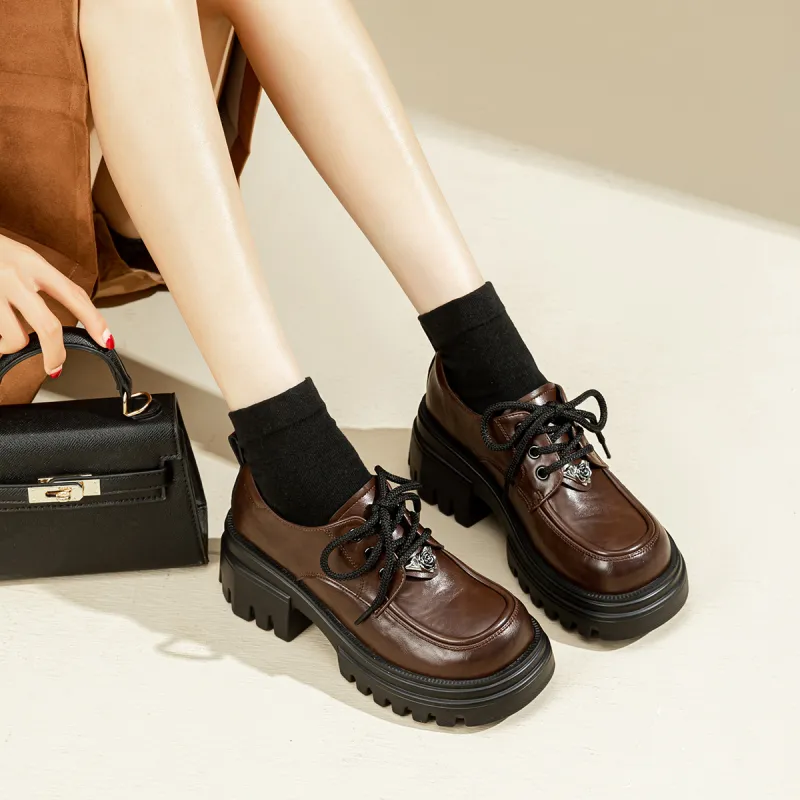 EXULL Q Round Tip British Style Loafers Casual Single Shoes 6CM Women's Dark Brown-5