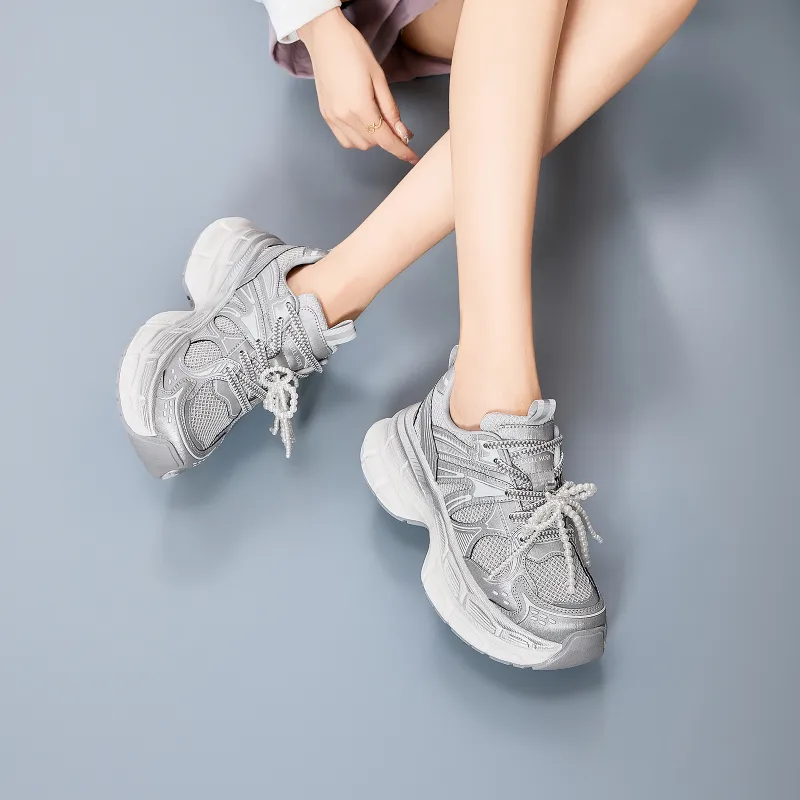EXULL Q Slip Resistant, Breathable, Lightweight, Height Increasing Low Top Chunky Sneakers Women's White Silver-4