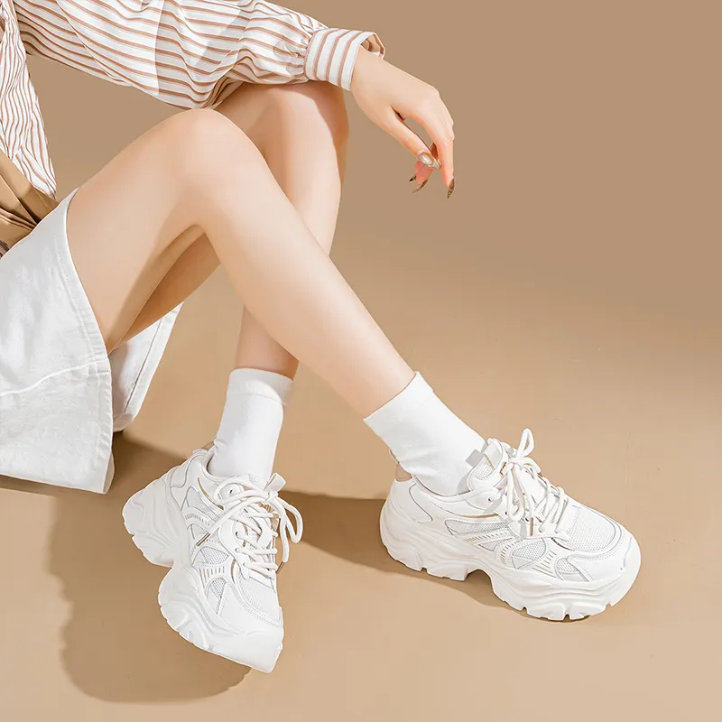 EXULL Q Height Increasing, Lightweight, Breathable, Slip Resistant Low Top Chunky Sneakers Women's Beige Gold-4