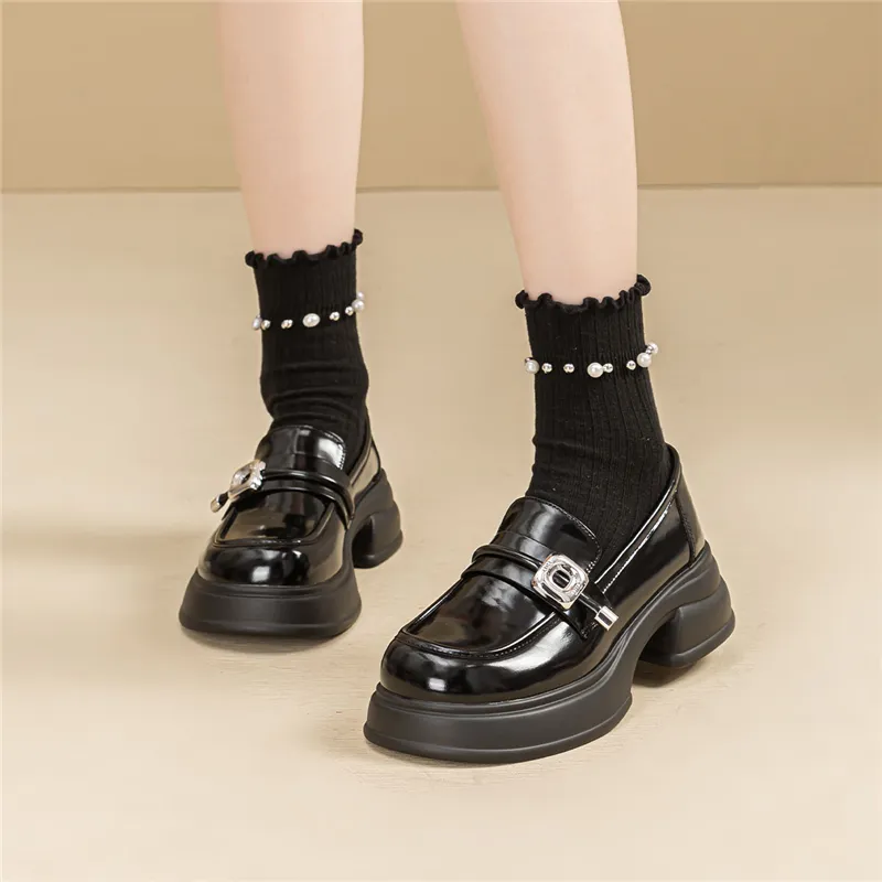 EXULL Q British Style Small Leather Shoes Loafers 3CM Women's Black-5