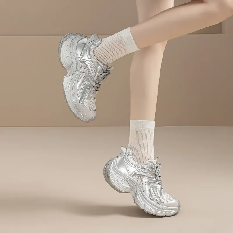 EXULL Q Slip Resistant, Breathable, Lightweight, Height Increasing Low Top Chunky Sneakers Women's Silver-5