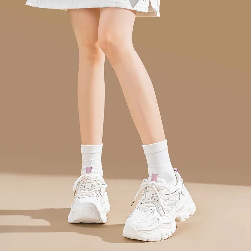 EXULL Q Height Increasing, Lightweight, Breathable, Slip Resistant Low Top Chunky Sneakers Women's Beige Purple-7