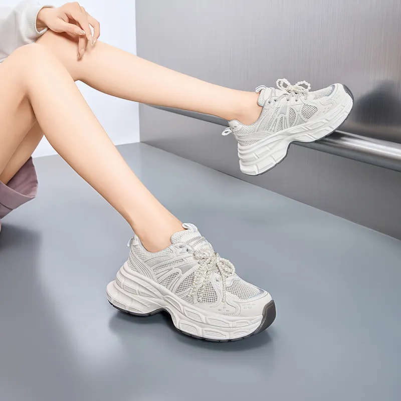 EXULL Q Slip Resistant, Breathable, Lightweight, Height Increasing Low Top Chunky Sneakers Women's White Gray-4