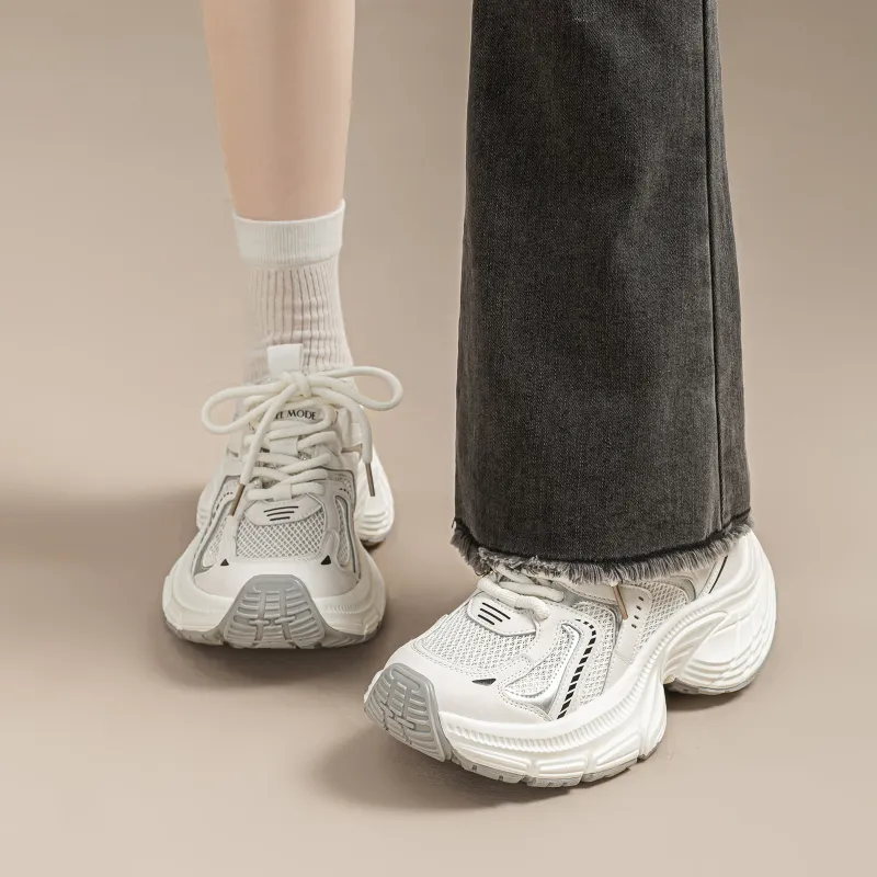 EXULL Q Slip Resistant, Breathable, Lightweight, Height Increasing Low Top Chunky Sneakers Women's Beige-7