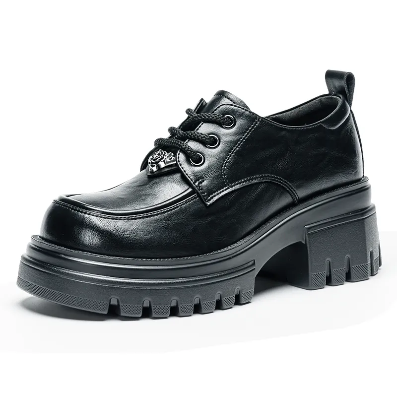 EXULL Q Round Tip Lace Up British Style Women's Casual Shoes 6CM Women's Black-1