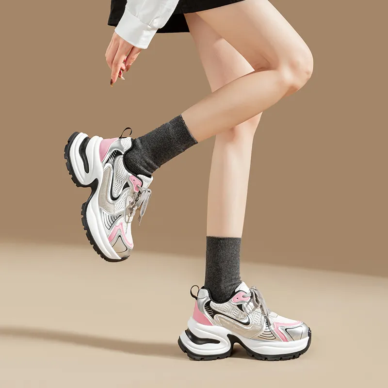 EXULL Q Height Increasing, Lightweight, Breathable, Slip Resistant Low Top Chunky Sneakers Women's Pink Silver-6