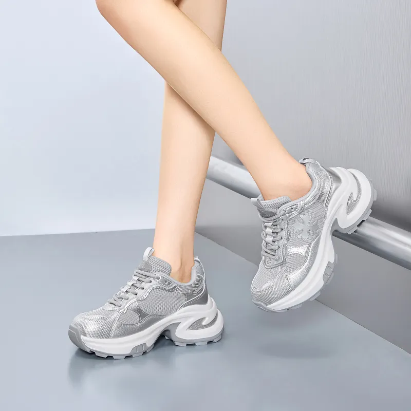 EXULL Q Slip Resistant, Breathable, Lightweight, Height Increasing Low Top Chunky Sneakers Women's Silver-4