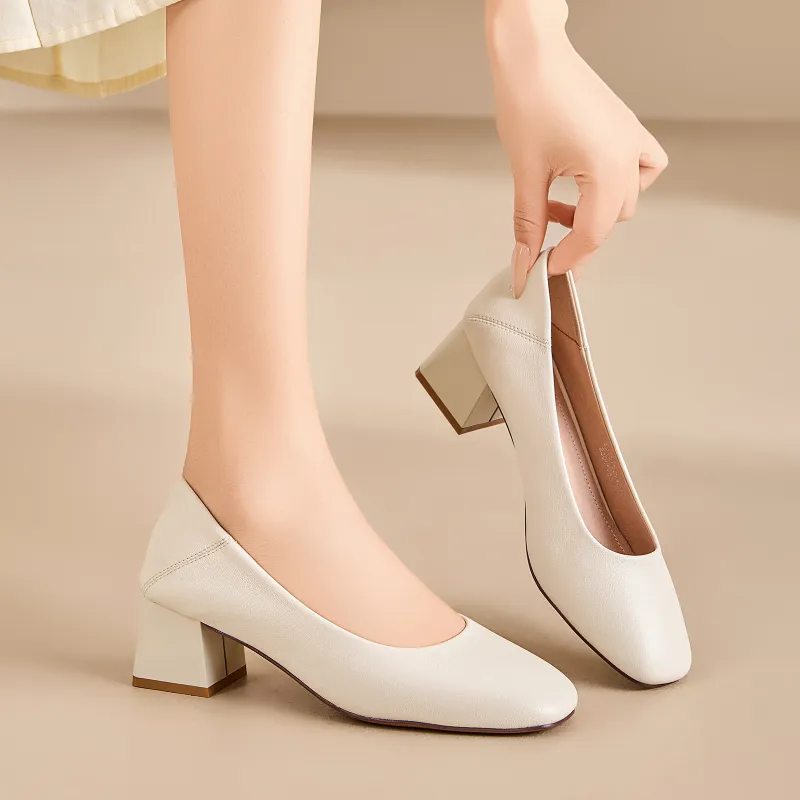 EXULL Q Chunky Heel High Heels 5CM Women's Beige-2