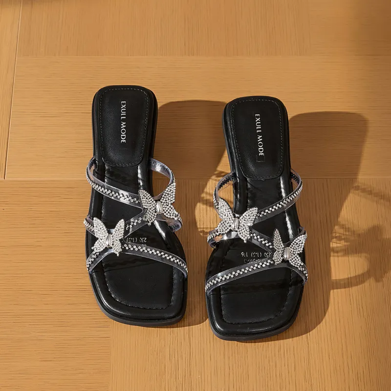 EXULL Q Rhinestone Slip Resistant Slide Slippers Women's Black-1