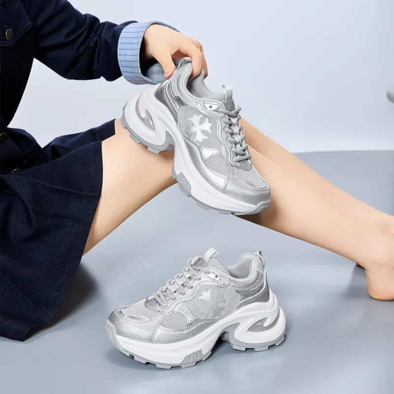 EXULL Q Slip Resistant, Breathable, Lightweight, Height Increasing Low Top Chunky Sneakers Women's Silver-3