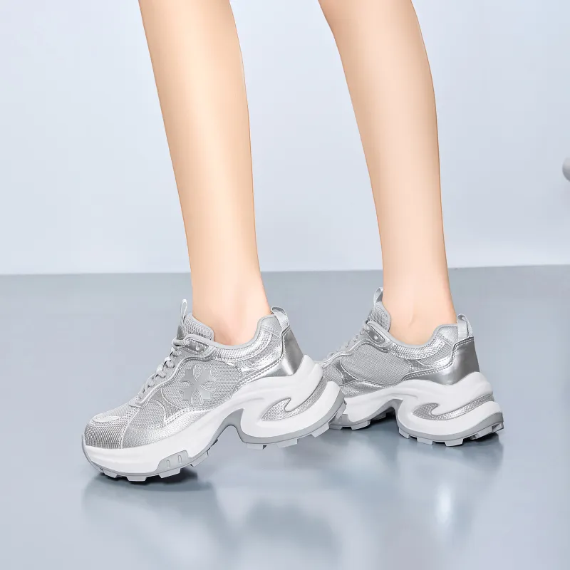 EXULL Q Slip Resistant, Breathable, Lightweight, Height Increasing Low Top Chunky Sneakers Women's Silver-7
