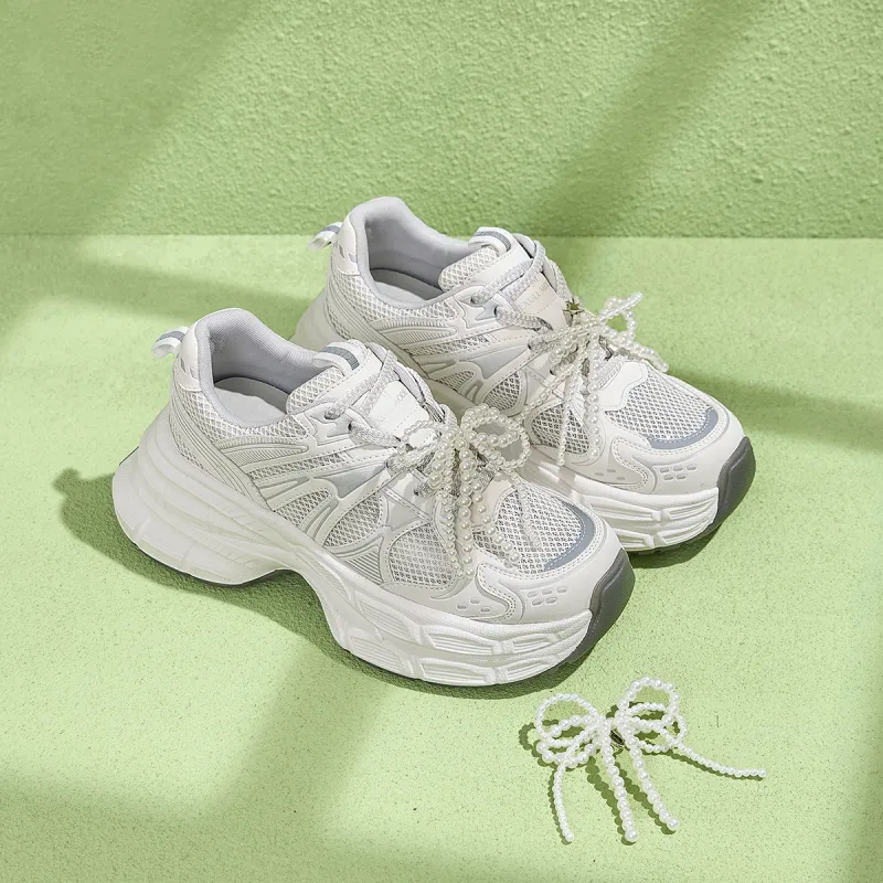 EXULL Q Slip Resistant, Breathable, Lightweight, Height Increasing Low Top Chunky Sneakers Women's White Gray-2