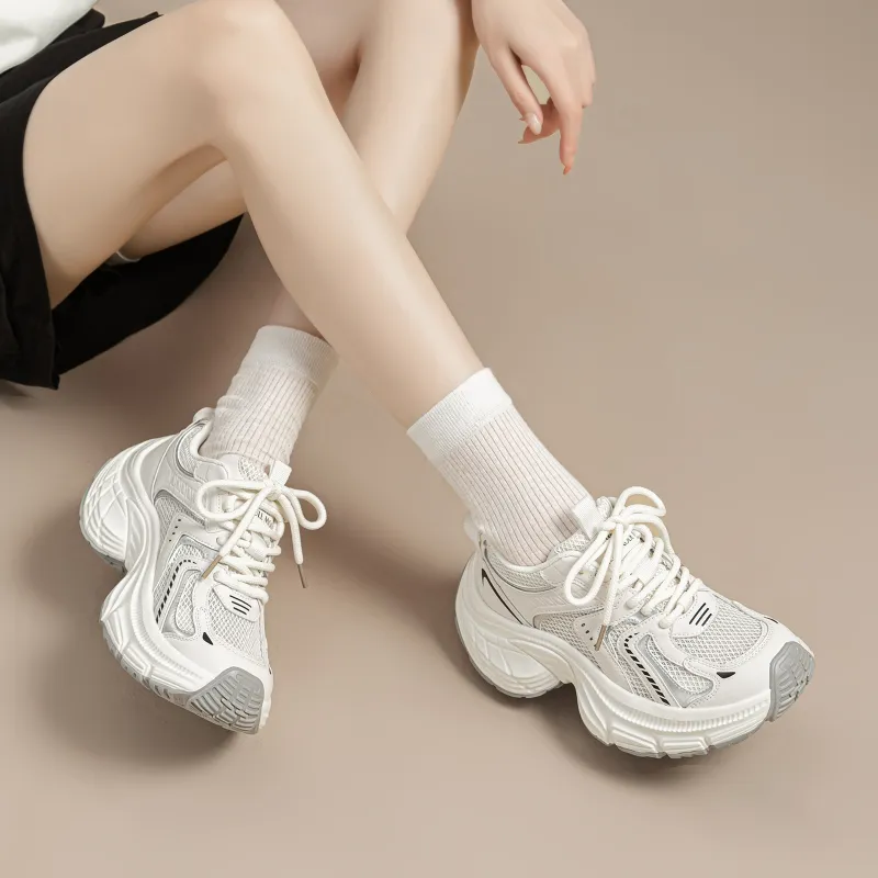EXULL Q Slip Resistant, Breathable, Lightweight, Height Increasing Low Top Chunky Sneakers Women's Beige-6