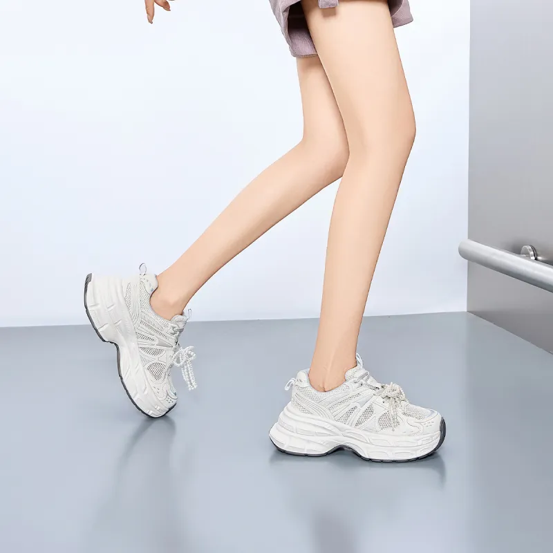 EXULL Q Slip Resistant, Breathable, Lightweight, Height Increasing Low Top Chunky Sneakers Women's White Gray-5