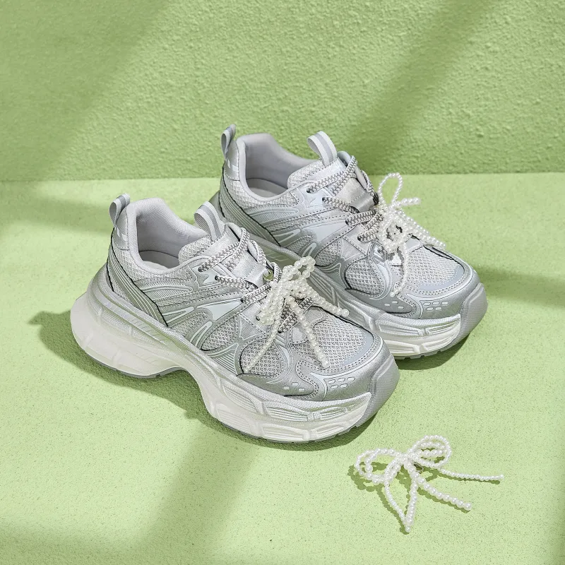 EXULL Q Slip Resistant, Breathable, Lightweight, Height Increasing Low Top Chunky Sneakers Women's White Silver-2