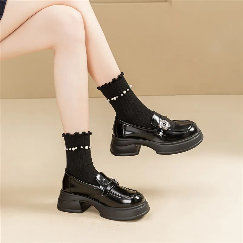 EXULL Q British Style Small Leather Shoes Loafers 3CM Women's Black-7