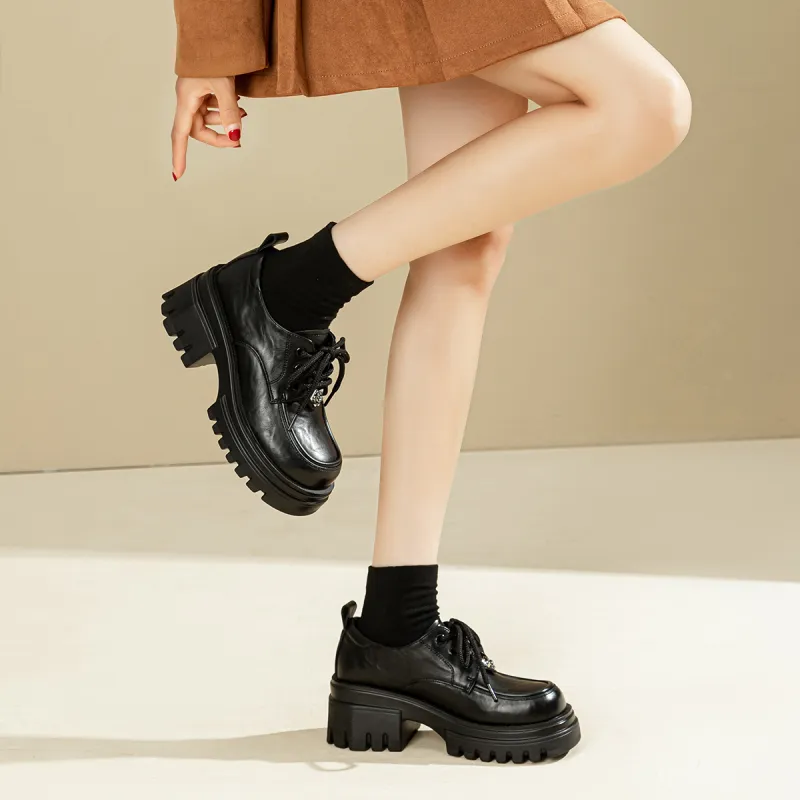 EXULL Q Round Tip Lace Up British Style Women's Casual Shoes 6CM Women's Black-6