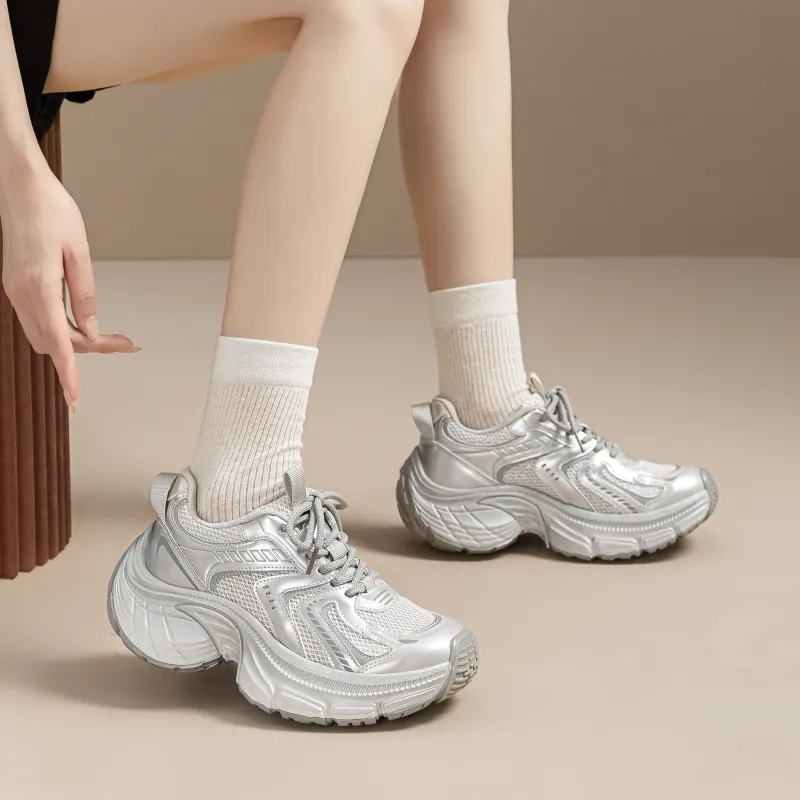 EXULL Q Slip Resistant, Breathable, Lightweight, Height Increasing Low Top Chunky Sneakers Women's Silver-4