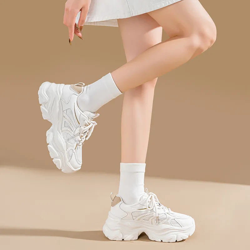 EXULL Q Height Increasing, Lightweight, Breathable, Slip Resistant Low Top Chunky Sneakers Women's Beige Gold-6