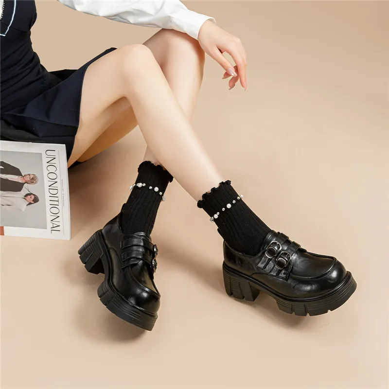 EXULL Q Vintage Small Leather Shoes Chunky Heel High Heels Women's Black-5