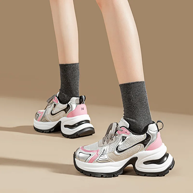 EXULL Q Height Increasing, Lightweight, Breathable, Slip Resistant Low Top Chunky Sneakers Women's Pink Silver-7