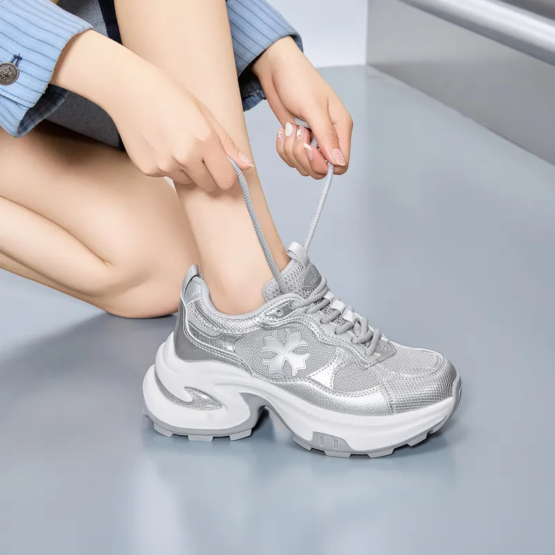 EXULL Q Slip Resistant, Breathable, Lightweight, Height Increasing Low Top Chunky Sneakers Women's Silver-5