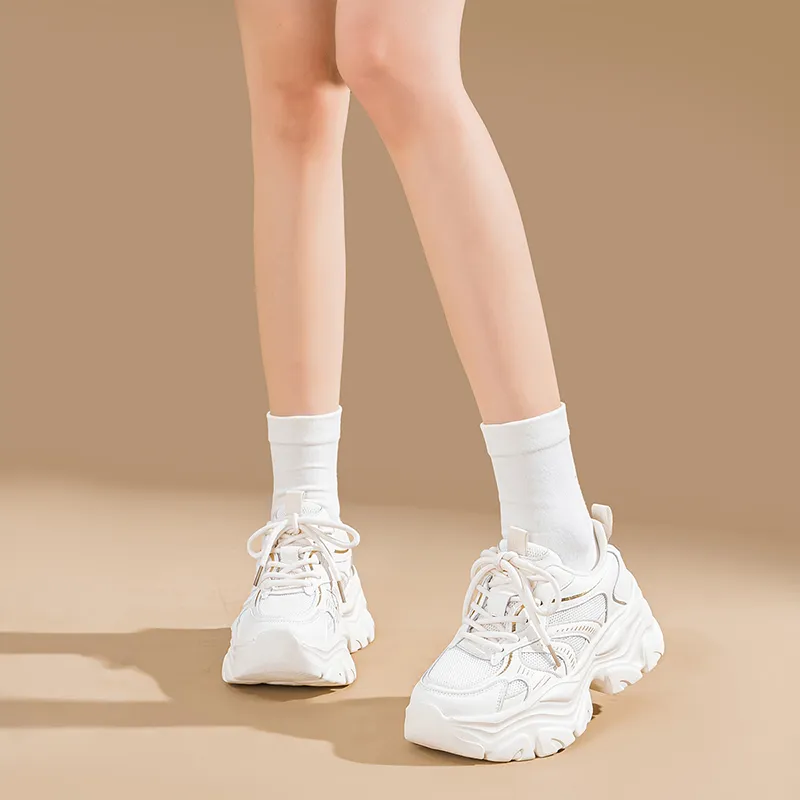 EXULL Q Height Increasing, Lightweight, Breathable, Slip Resistant Low Top Chunky Sneakers Women's Beige Gold-5
