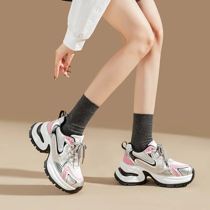EXULL Q Height Increasing, Lightweight, Breathable, Slip Resistant Low Top Chunky Sneakers Women's Pink Silver-5