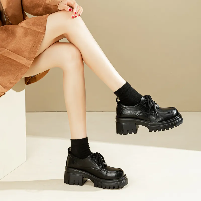 EXULL Q Round Tip Lace Up British Style Women's Casual Shoes 6CM Women's Black-7