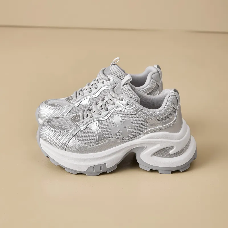 EXULL Q Slip Resistant, Breathable, Lightweight, Height Increasing Low Top Chunky Sneakers Women's Silver-2