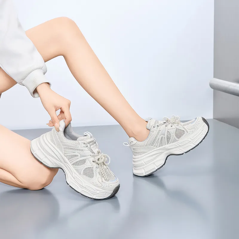 EXULL Q Slip Resistant, Breathable, Lightweight, Height Increasing Low Top Chunky Sneakers Women's White Gray-6