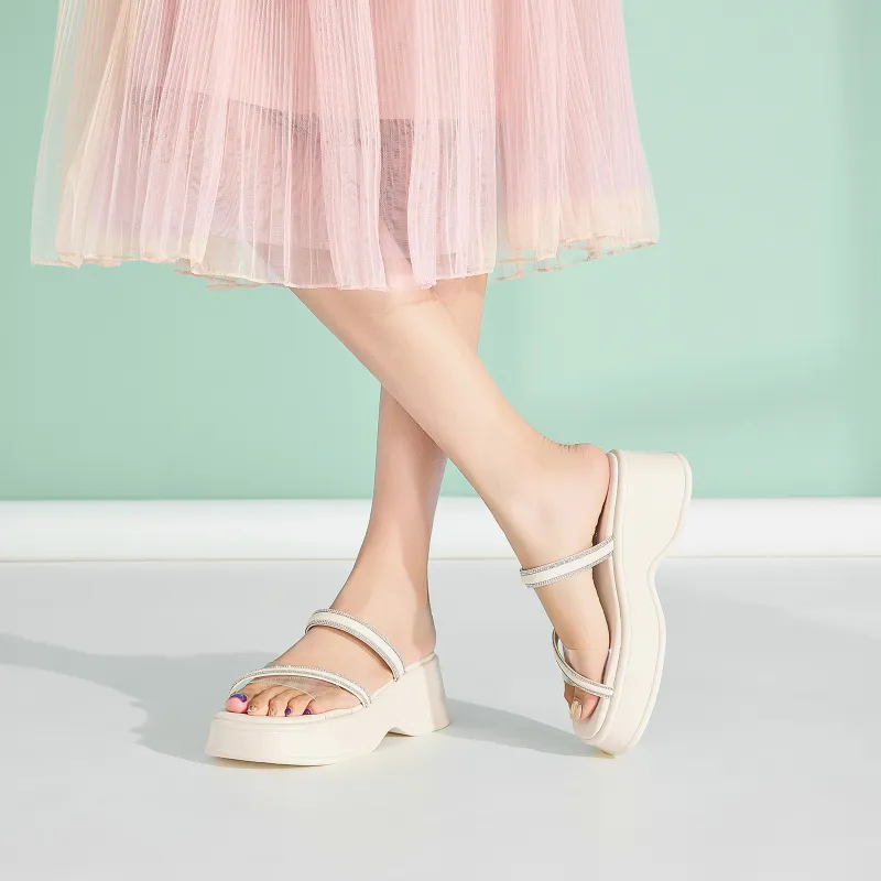 EXULL Q PU Polyurethane Rhinestone Slip Resistant Slide Slippers Women's Ecru-4