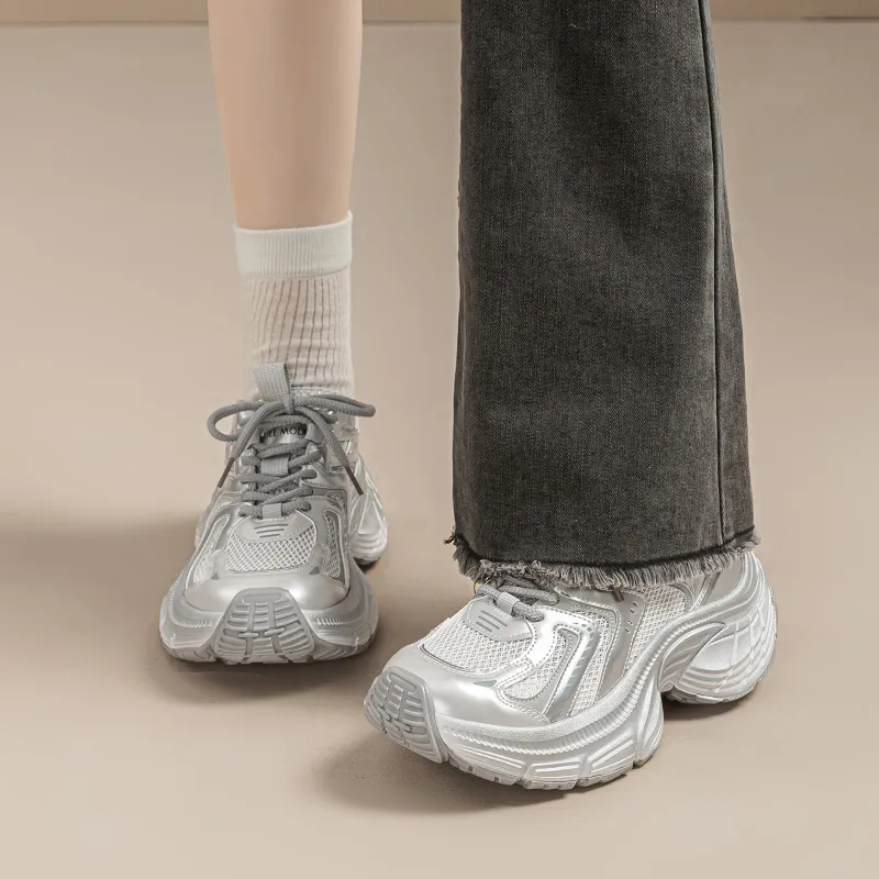 EXULL Q Slip Resistant, Breathable, Lightweight, Height Increasing Low Top Chunky Sneakers Women's Silver-6