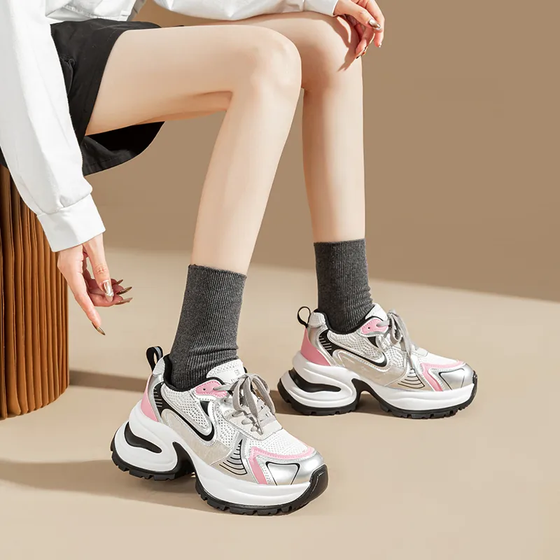 EXULL Q Height Increasing, Lightweight, Breathable, Slip Resistant Low Top Chunky Sneakers Women's Pink Silver-4