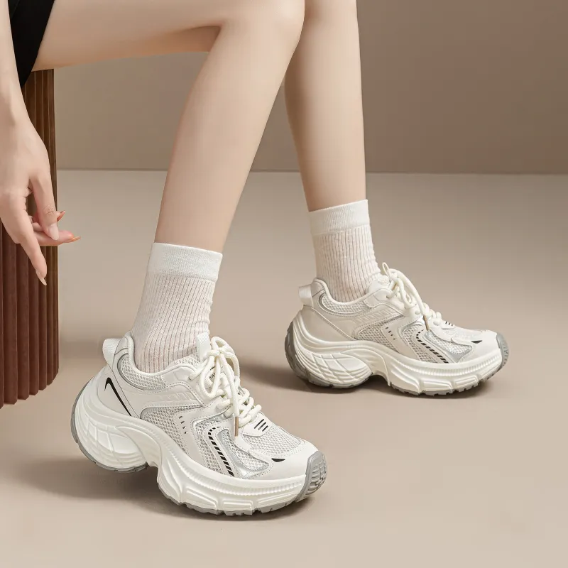 EXULL Q Slip Resistant, Breathable, Lightweight, Height Increasing Low Top Chunky Sneakers Women's Beige-5