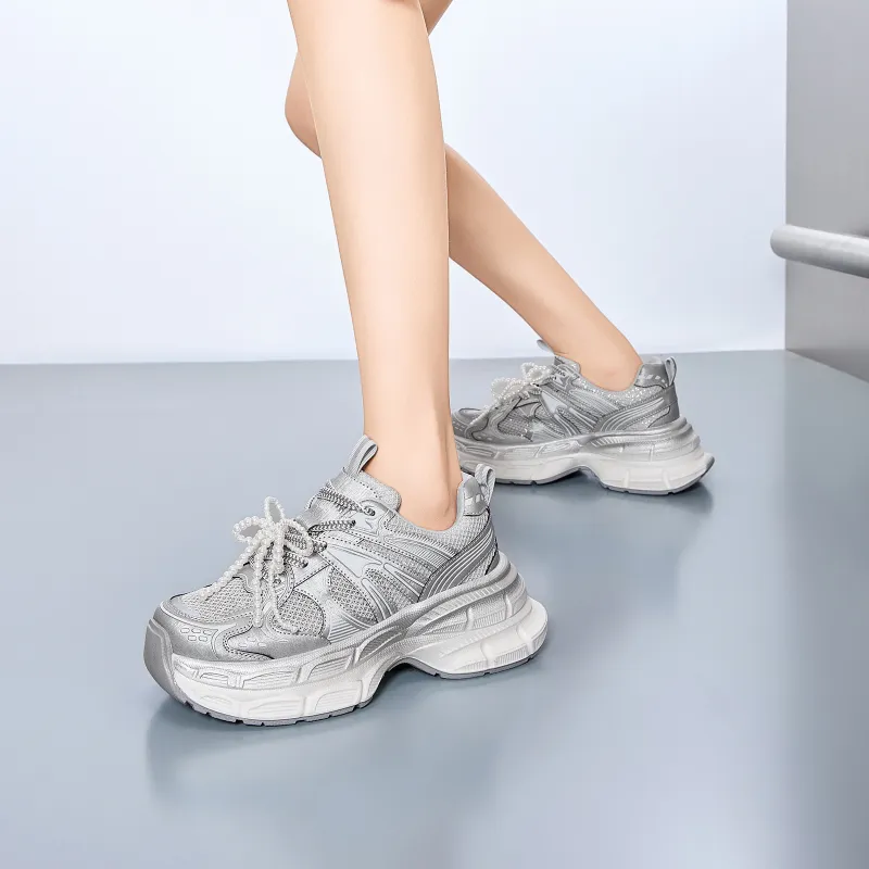 EXULL Q Slip Resistant, Breathable, Lightweight, Height Increasing Low Top Chunky Sneakers Women's White Silver-6