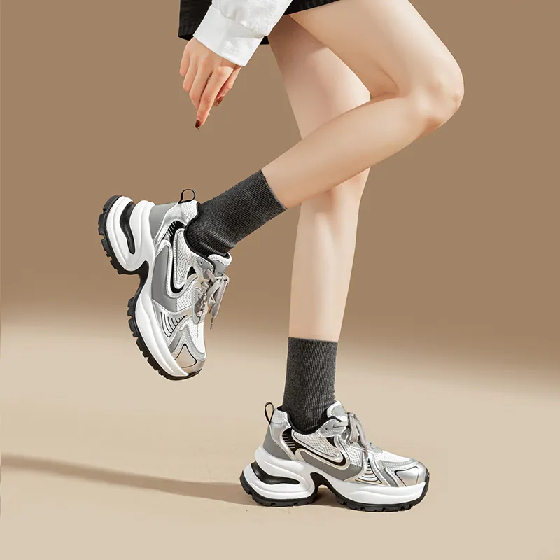EXULL Q Height Increasing Abrasion Resistant Lightweight Slip Resistant Low Top Chunky Sneakers Women's Silver-7