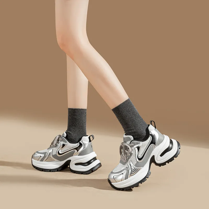 EXULL Q Height Increasing Abrasion Resistant Lightweight Slip Resistant Low Top Chunky Sneakers Women's Silver-6