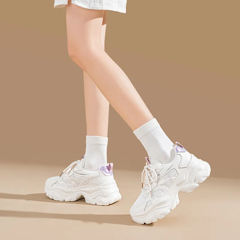 EXULL Q Height Increasing, Lightweight, Breathable, Slip Resistant Low Top Chunky Sneakers Women's Beige Purple-6
