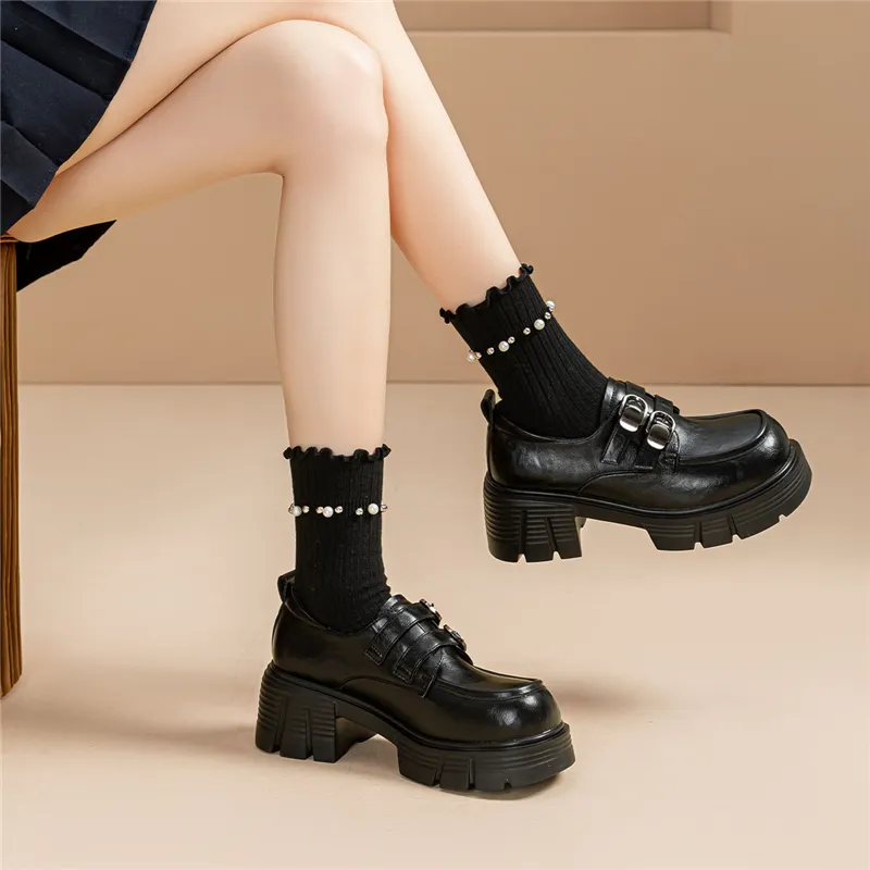 EXULL Q Vintage Small Leather Shoes Chunky Heel High Heels Women's Black-7