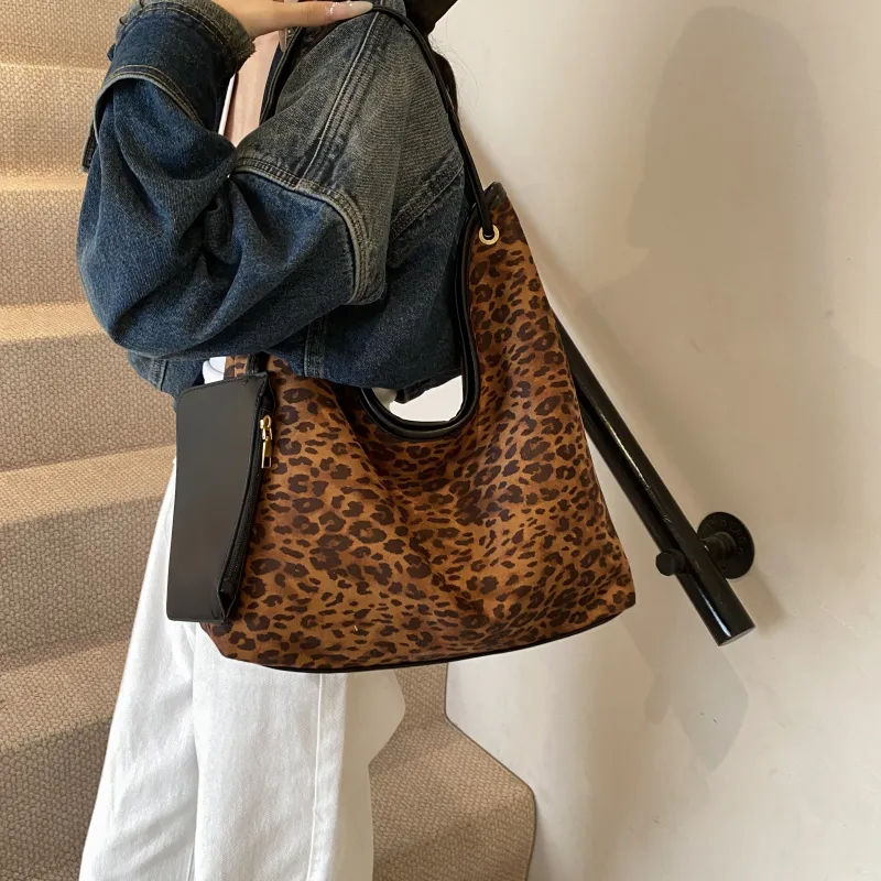 REDOO PU Tote Bag Shoulder Bag Regular Women's Leopard Print Coffee/Leopard Print Black-3