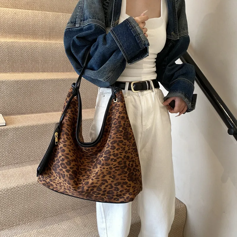 REDOO PU Tote Bag Shoulder Bag Regular Women's Leopard Print Coffee/Leopard Print Black-2