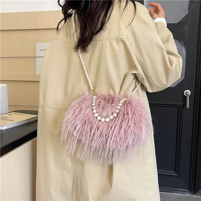 REDOO Plush Handbag Women's White/Pink/Khaki/Black/Purple-6