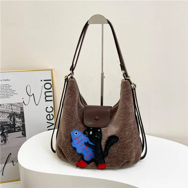 REDOO Velour Backpack Shoulder Bag Women's Cat Style Coffee/Dog Style Coffee-2